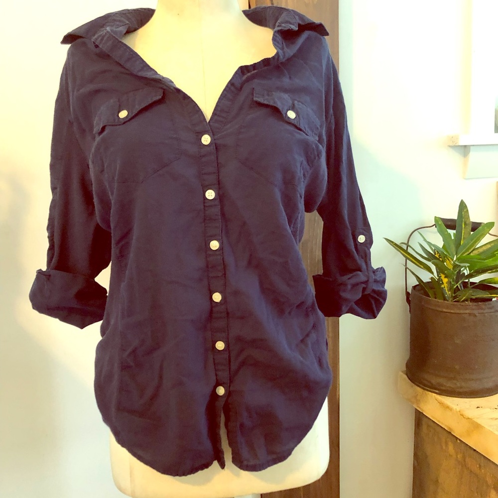 Navy blue button down, business casual